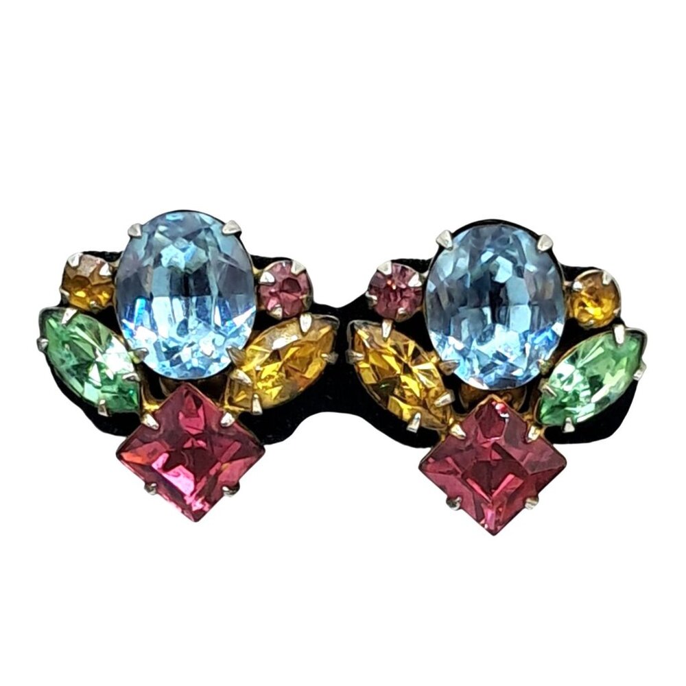 Vintage Rhinestone Earrings Multicolored Pink Blue Green Yellow Screw Back Costu